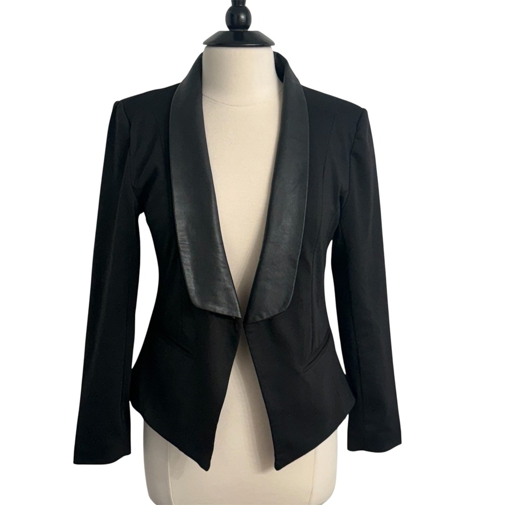 Beta House Women's Long Sleeve Faux Leather Trim Tuxedo Blazer